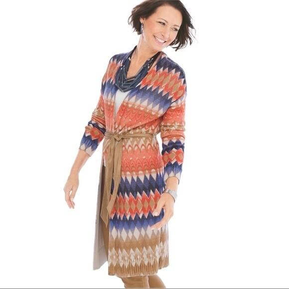 Chico’s Ikat Freya Duster Cardigan Sweater with Belt Chevron Small - Picture 2 of 6